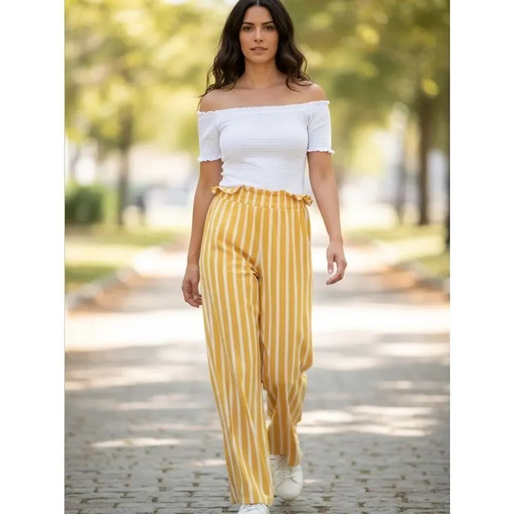 White Smocked Top with Yellow & White Stripe Pants Women's Jumpsuit Junior Large
